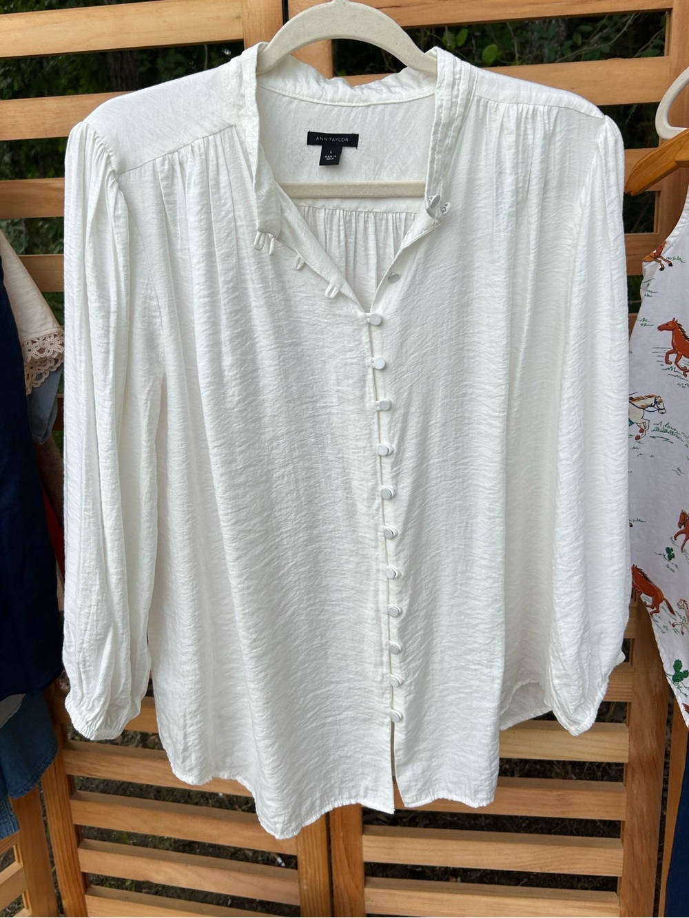 VTG Ann Taylor Boho Chinese Frog Closure Button Front Balloon Sleeve Blouse